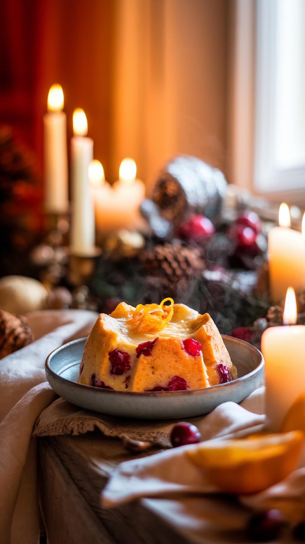 A beautiful serving of cranberry orange bread pudding surrounded by candles and festive decorations.
