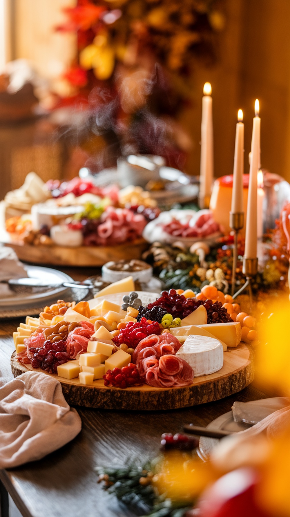A beautifully arranged cheese and charcuterie board with various cheeses, meats, fruits, and nuts, perfect for Thanksgiving.