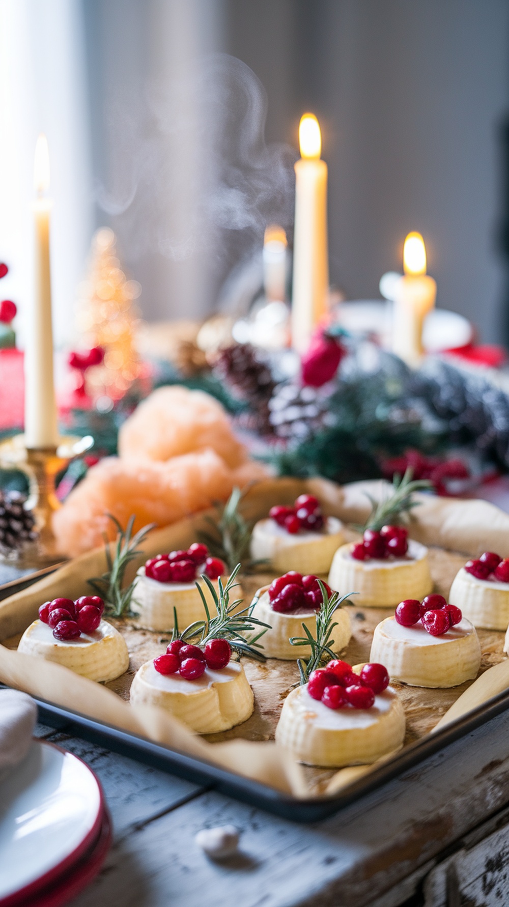 A tray of cranberry brie bites garnished with rosemary, surrounded by festive decorations.