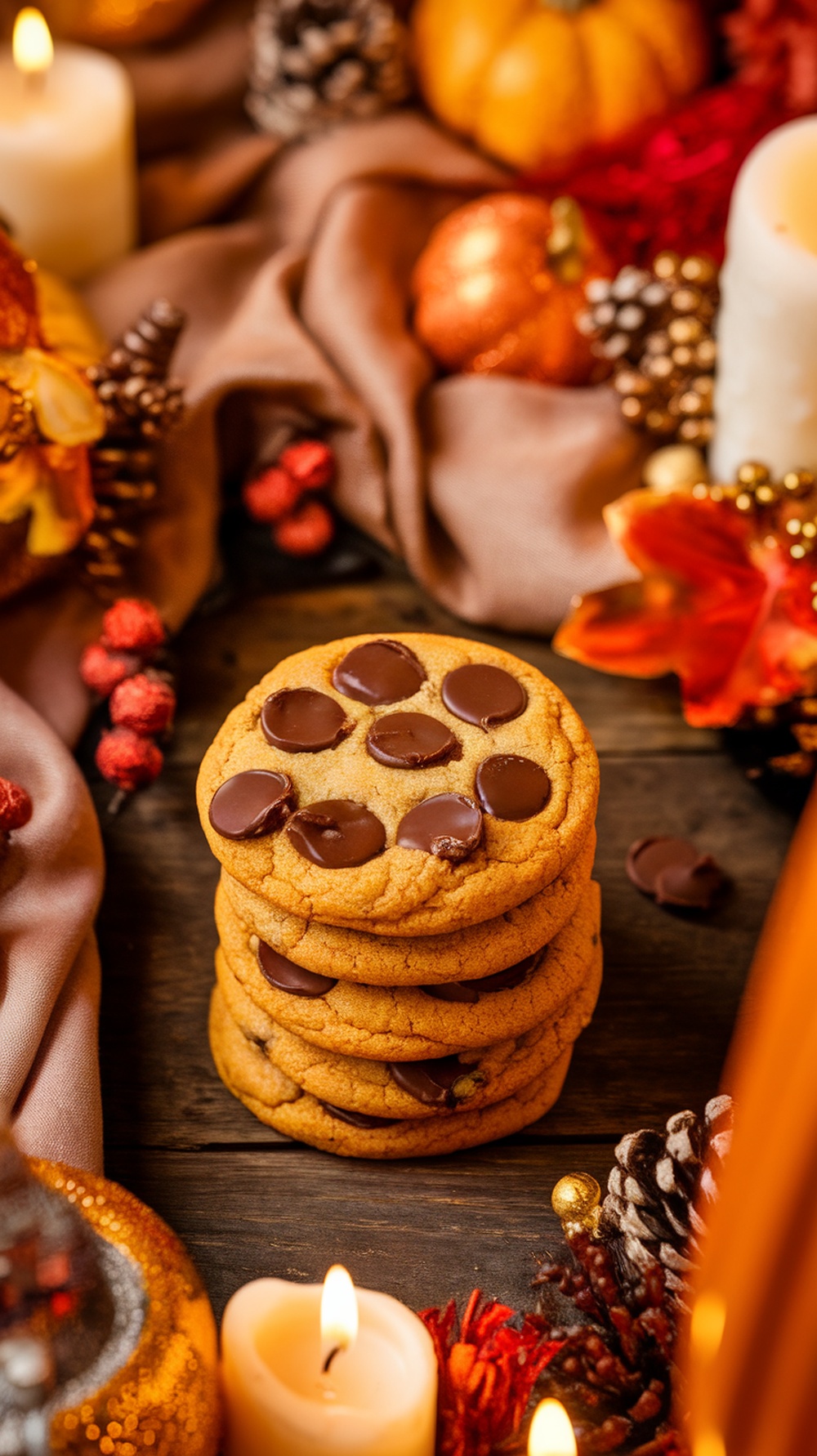 A stack of chocolate chip pumpkin cookies surrounded by autumn decorations.