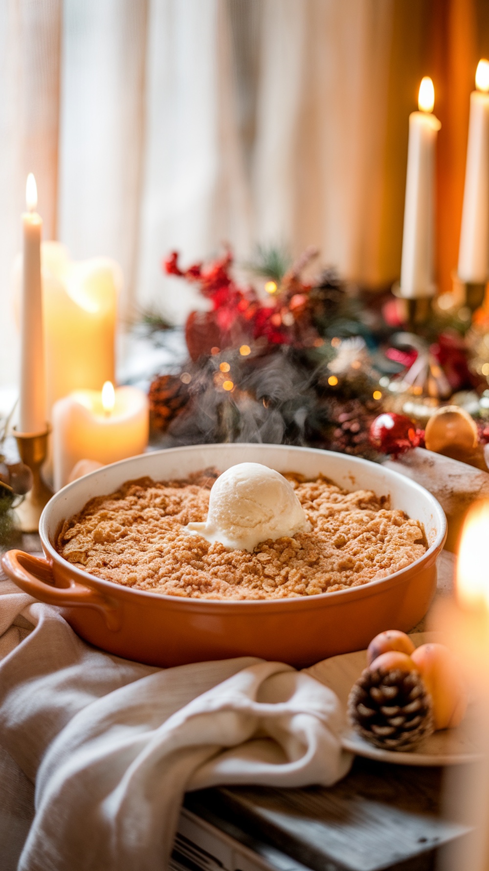 A warm apple crisp topped with ice cream, surrounded by candles and festive decorations.