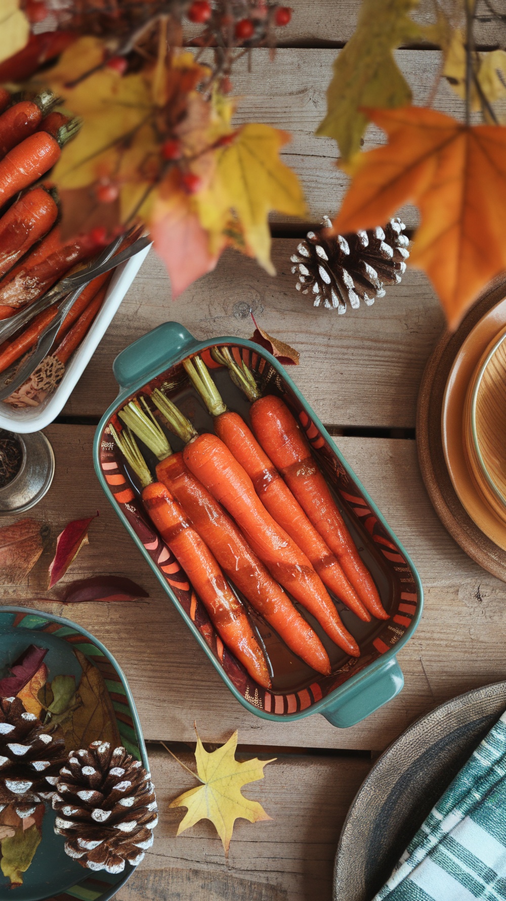 A dish of maple glazed carrots surrounded by autumn leaves and pinecones.