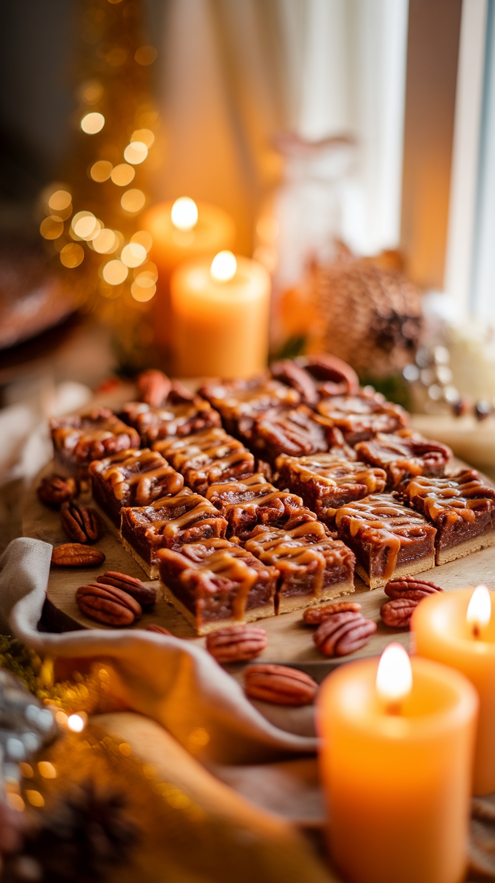 Delicious pecan pie bars arranged on a wooden platter with candles and festive decorations.