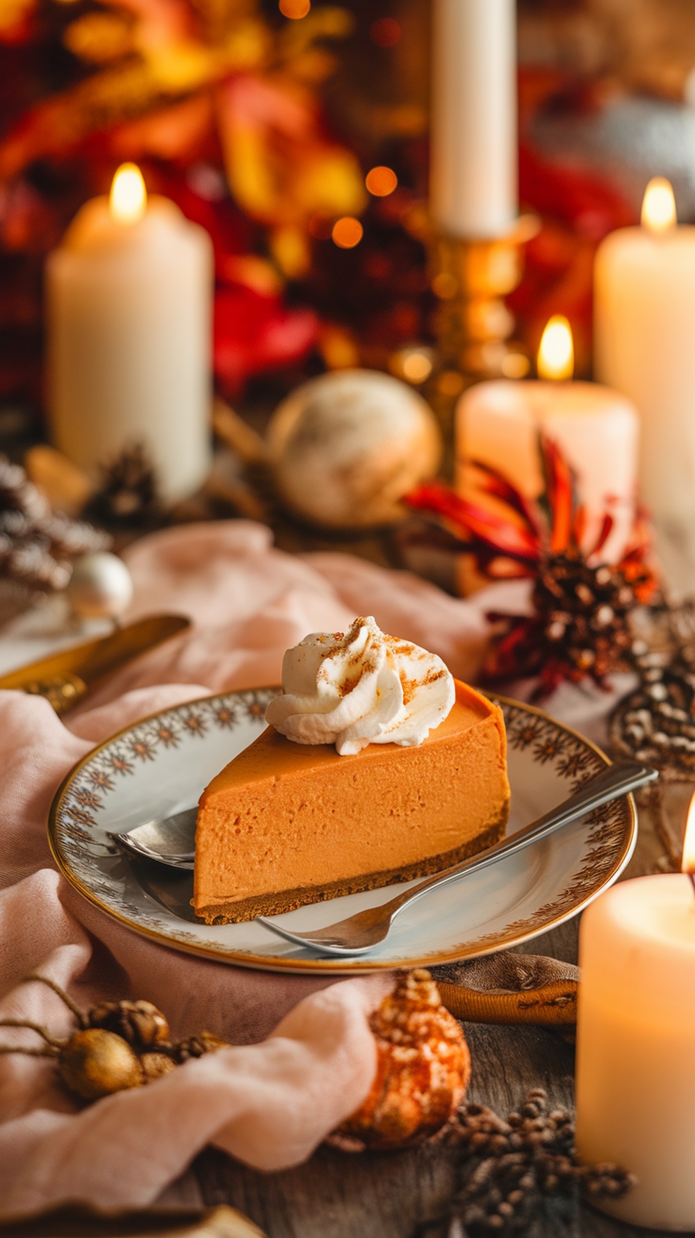 Slice of pumpkin spice cheesecake topped with whipped cream, surrounded by autumn decorations and candles.