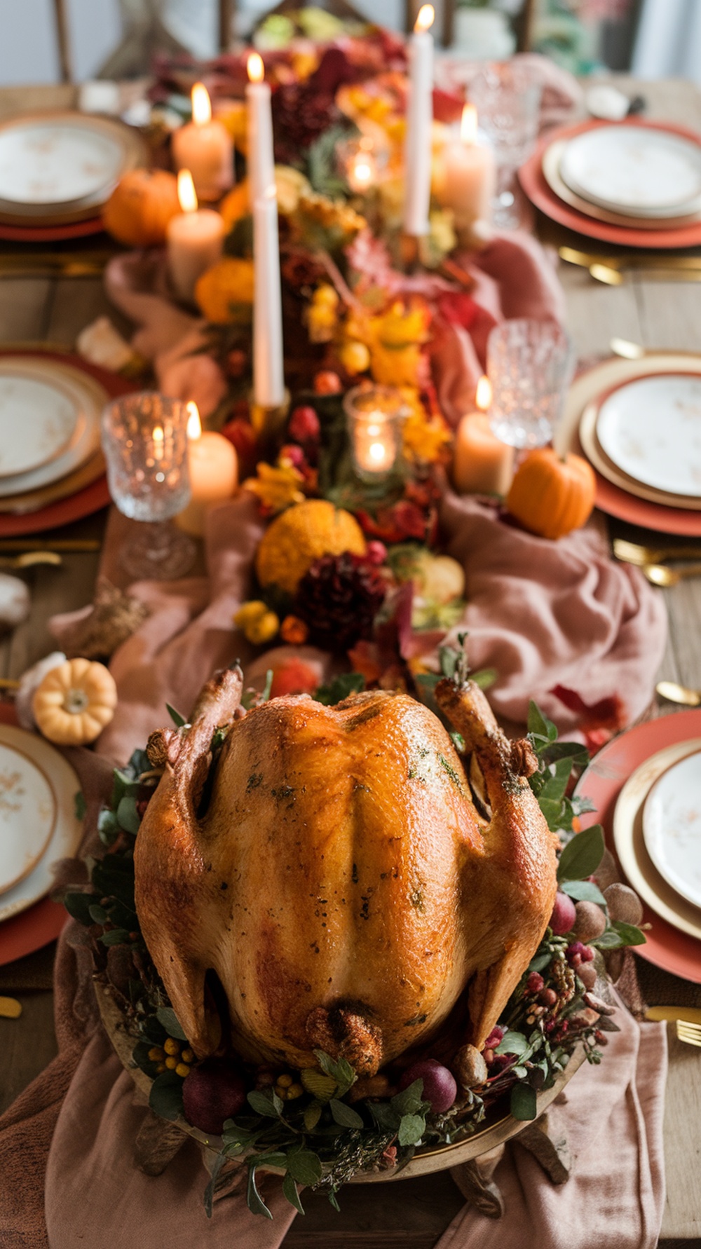 A beautifully roasted turkey surrounded by autumn decorations on a festive Thanksgiving table.