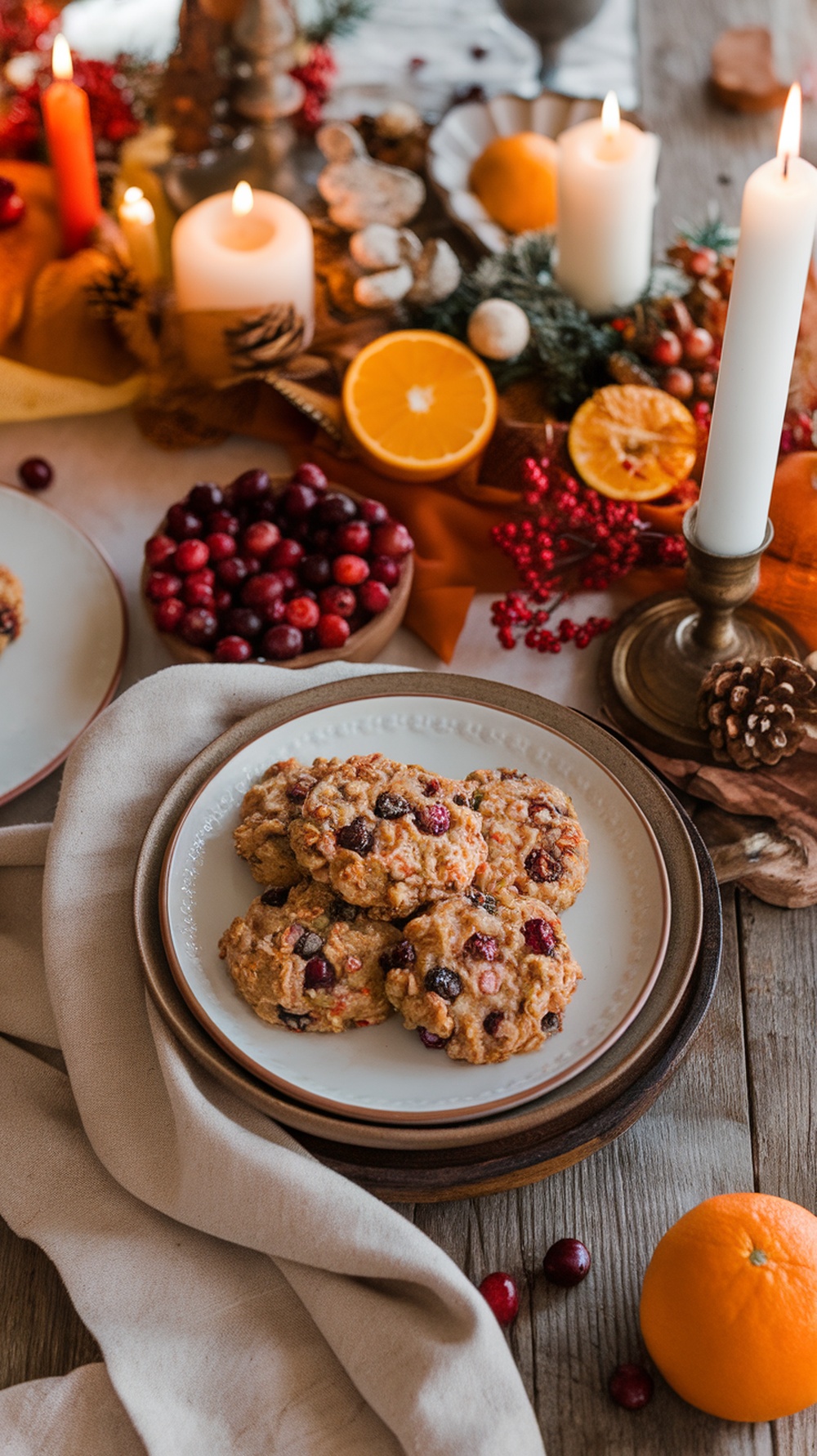 A plate of cranberry orange oatmeal cookies surrounded by festive decorations.