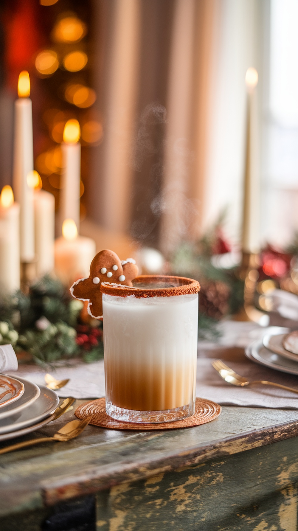 A festive Gingerbread White Russian cocktail with a gingerbread cookie garnish, set against a cozy holiday backdrop.