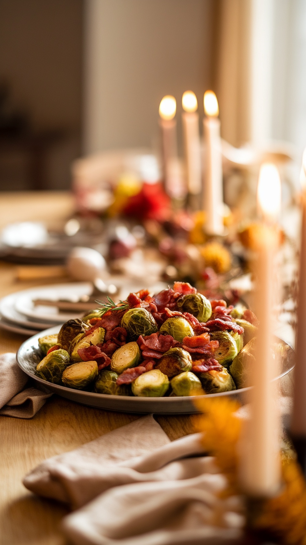 A plate of roasted Brussels sprouts with bacon on a festive table setting.