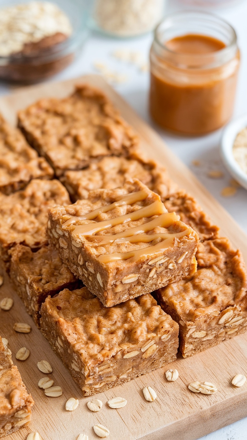 Homemade peanut butter oatmeal energy bars cut into squares on a wooden board with oats and peanut butter.
