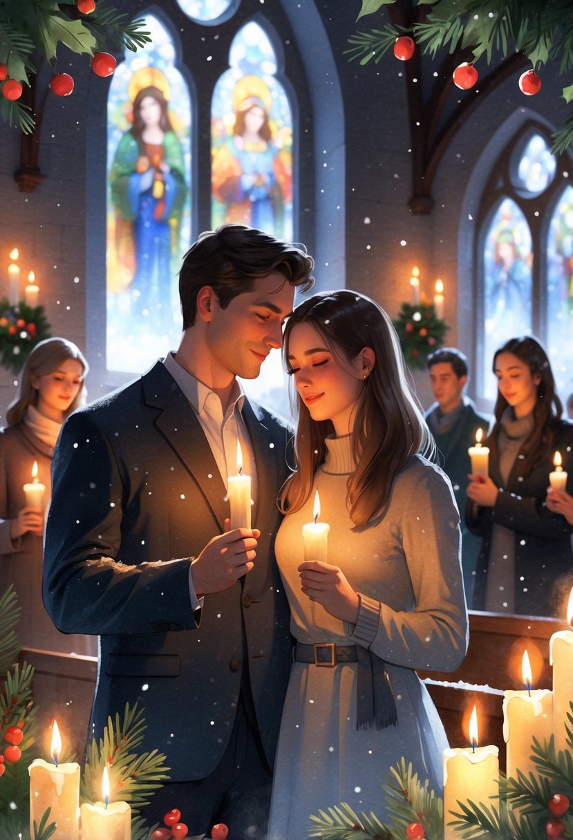 A couple holding lit candles together inside a decorated church during a Christmas candlelight service.