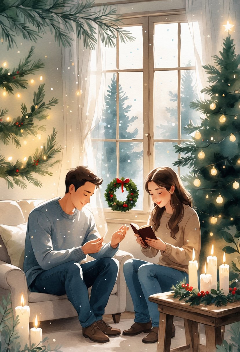 A couple sitting together near a decorated Christmas tree and an advent wreath, holding hands and sharing a peaceful moment indoors with soft candlelight and snow falling outside.