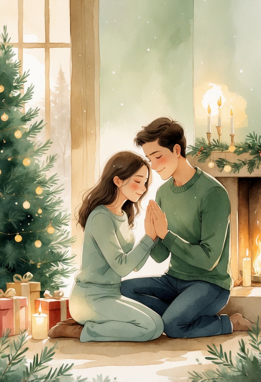 A couple sitting by a fireplace holding hands in prayer, surrounded by Christmas decorations and a tree in a cozy room.