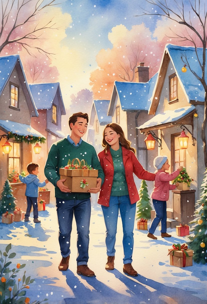 A couple happily helping neighbors with Christmas decorations and food baskets in a snowy neighborhood.