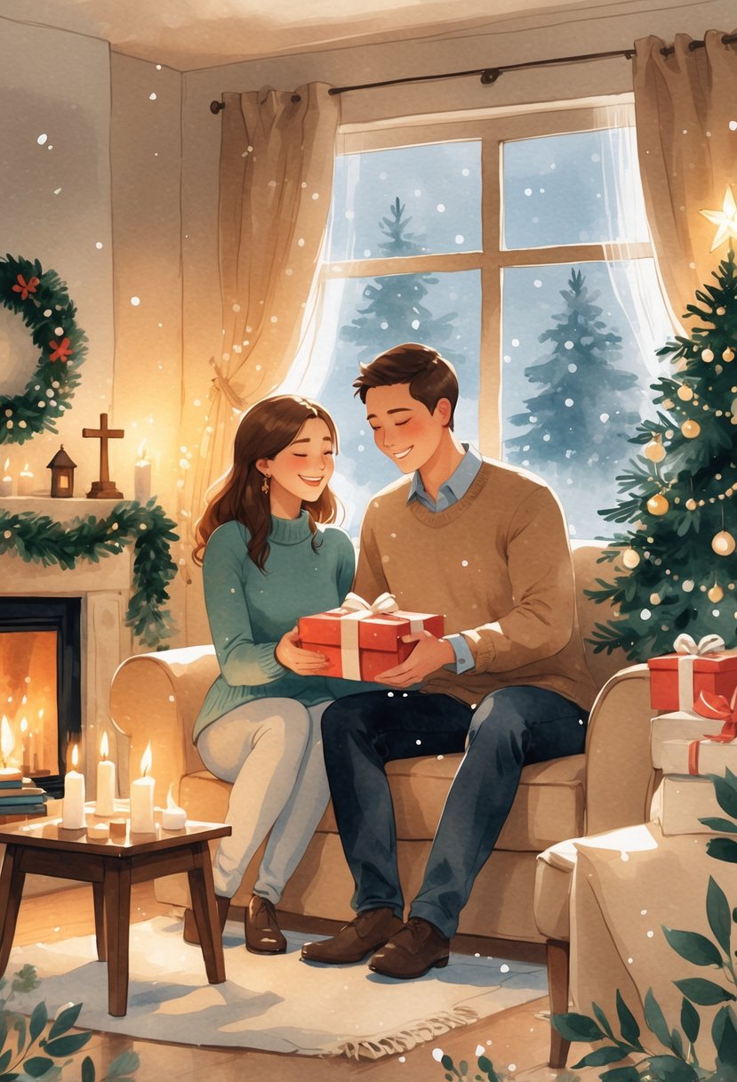 A couple exchanging gifts in a cozy living room decorated for Christmas with a small cross, an open Bible, candles, and a Christmas tree visible through a window with falling snow.