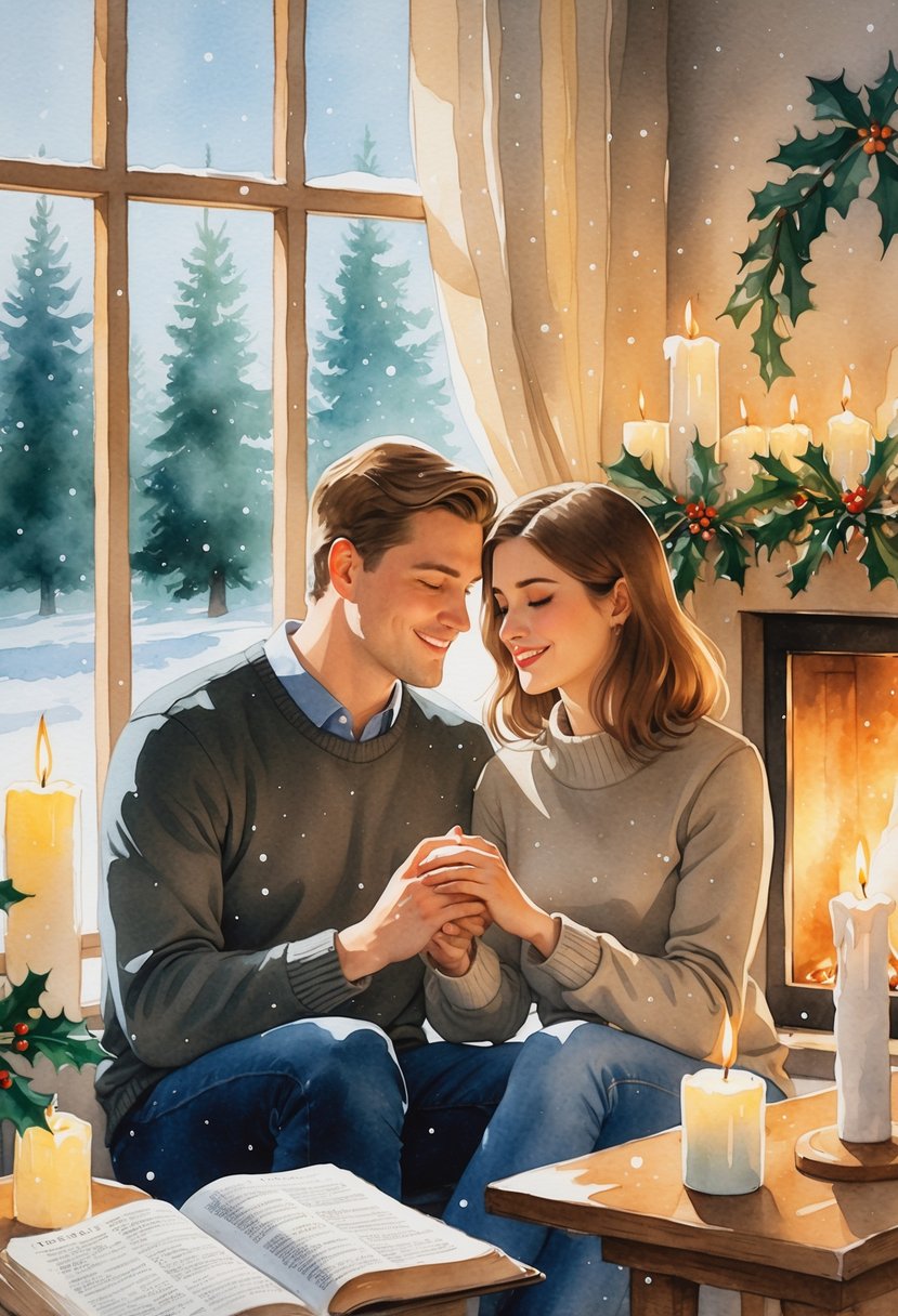 A couple sitting by a fireplace holding hands with Christmas decorations and snow outside the window.