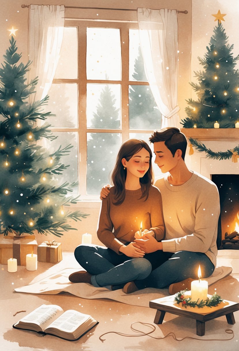 A couple sitting by a fireplace holding hands surrounded by a Christmas tree, candles, and a nativity scene.