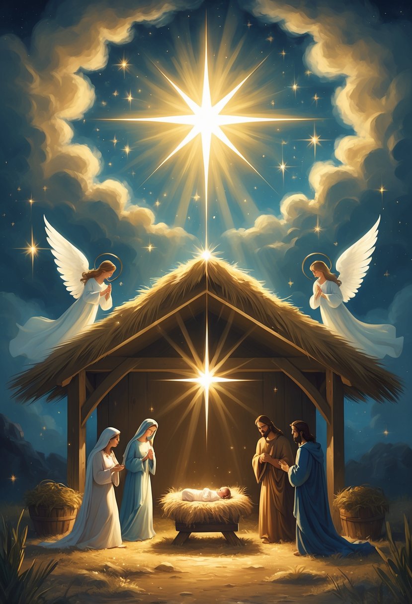A peaceful nativity scene showing baby Jesus in a manger with Mary and Joseph, surrounded by angels under a bright star in a stable at night.