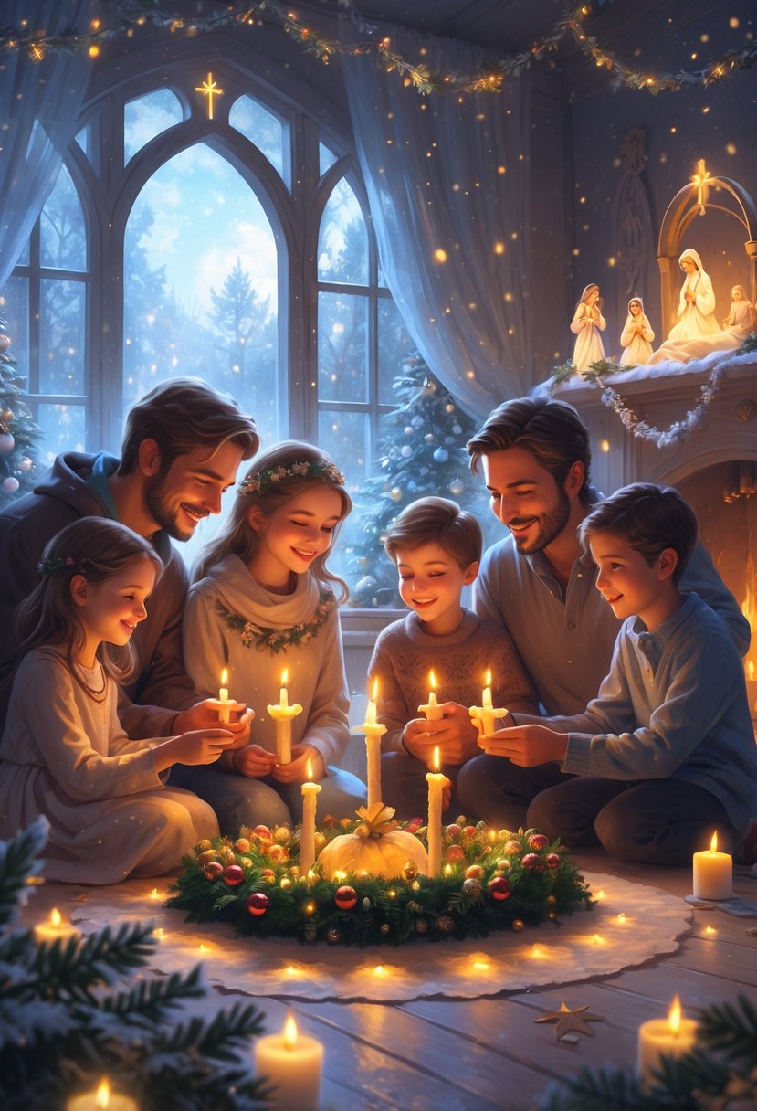 A family lighting candles on an Advent wreath inside a cozy home decorated for Christmas, with snow falling outside.