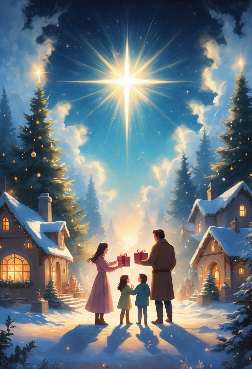 A family with children exchanging gifts in a snowy village under a glowing star, surrounded by pine trees and gentle light.