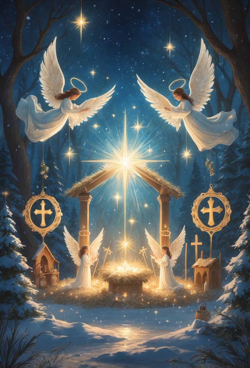 A glowing nativity scene surrounded by Christmas decorations such as angels, stars, and ornaments shaped like doves and crosses, set in a snowy forest with gentle falling snow.