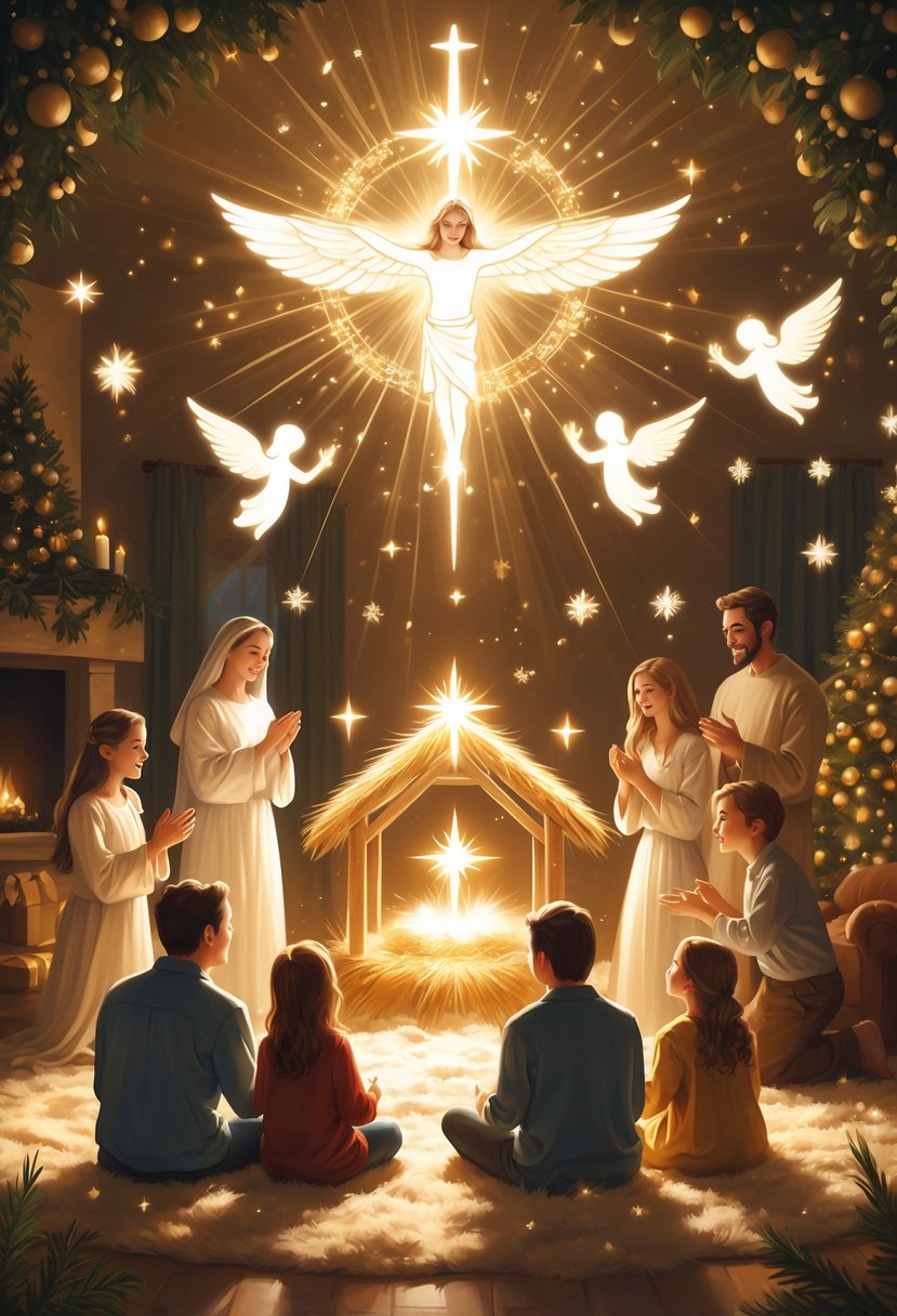 A family gathered around a glowing nativity scene inside a decorated home on Christmas Eve, surrounded by softly falling snowflakes and gentle angelic figures.