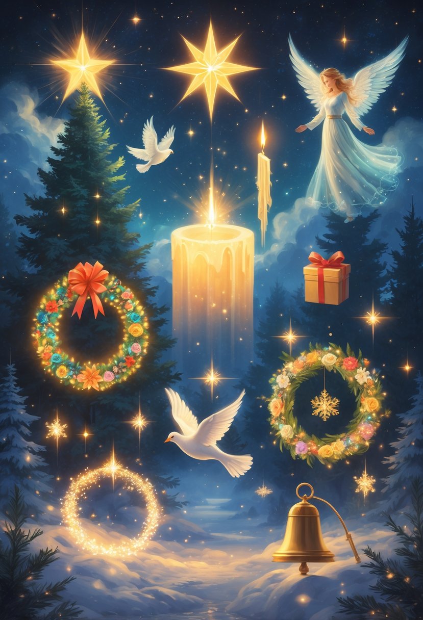 A glowing Christmas tree topped with a radiant star surrounded by nine luminous symbols including an angel, candle, gift, dove, wreath, shepherd’s crook, snowflake, and bell, set in a magical winter forest under a starry sky.