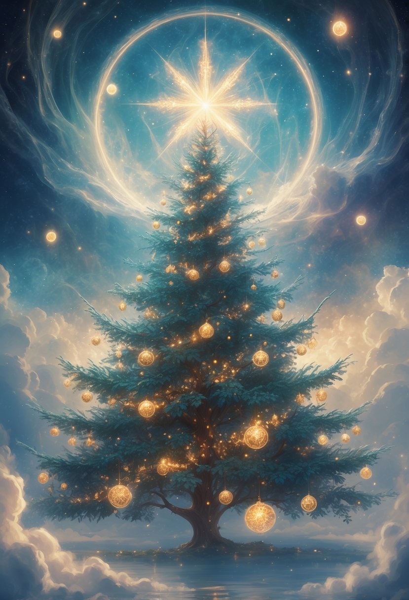 A glowing Christmas tree surrounded by floating lights and mist under a cosmic sky, symbolizing spiritual growth and eternal life.