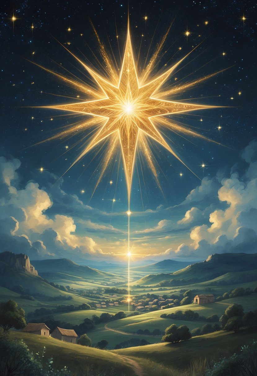 A bright star shines over a quiet village at night, casting a golden light across rolling hills and a peaceful sky filled with stars.