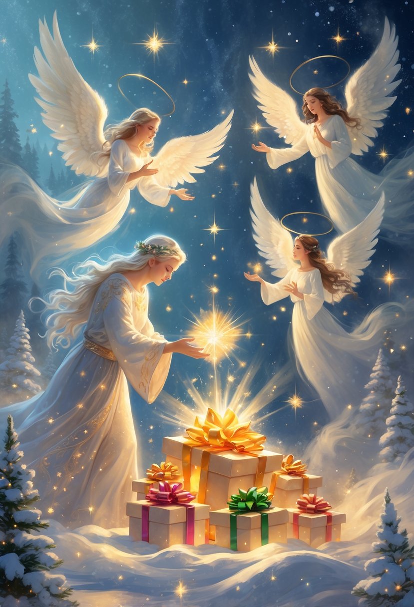 A glowing figure offers radiant gifts surrounded by angels and a snowy, starry winter landscape, symbolizing generosity and goodwill at Christmas.