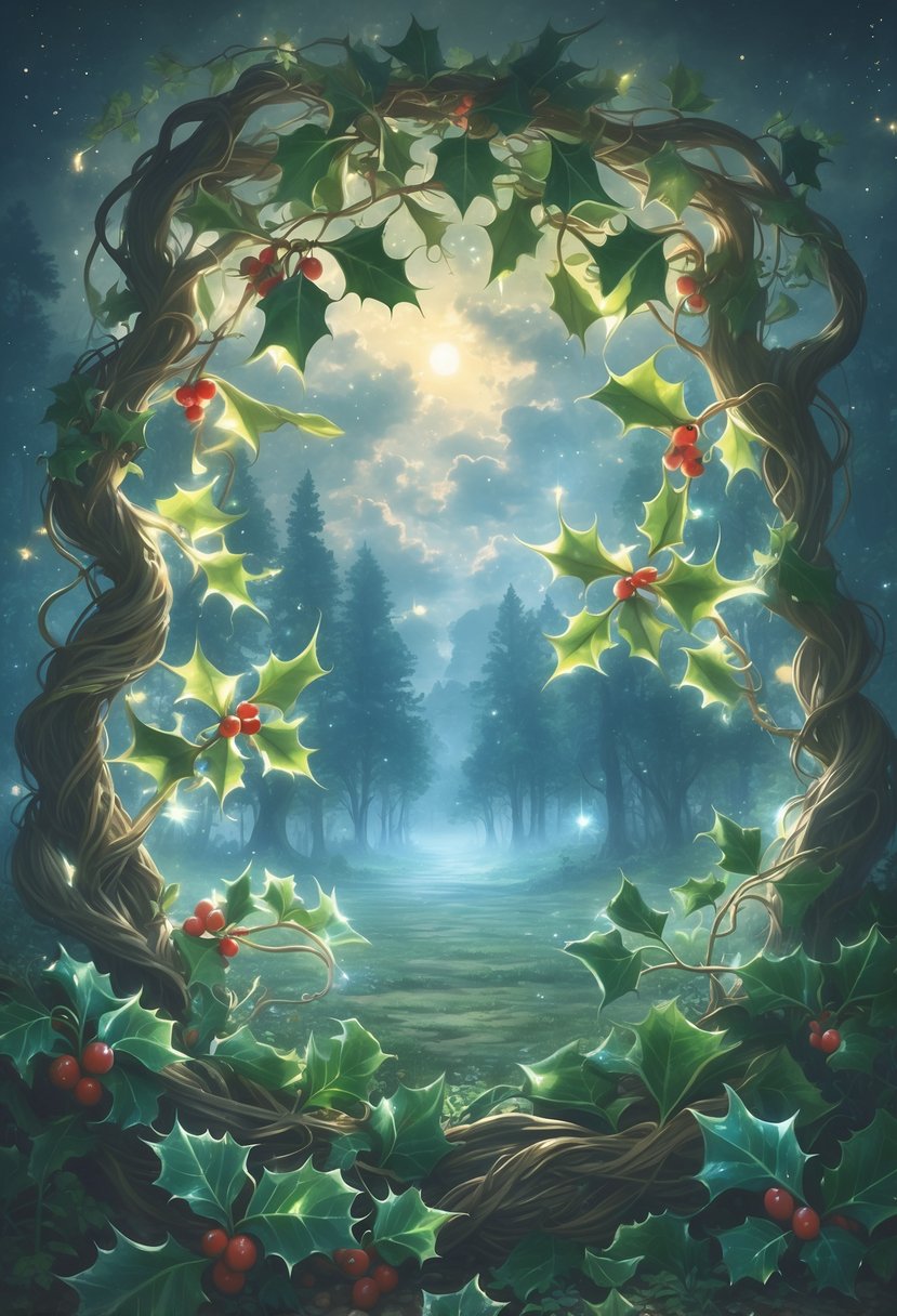 A glowing arrangement of mistletoe, holly, and ivy plants intertwined in a mystical forest clearing under a starry twilight sky.