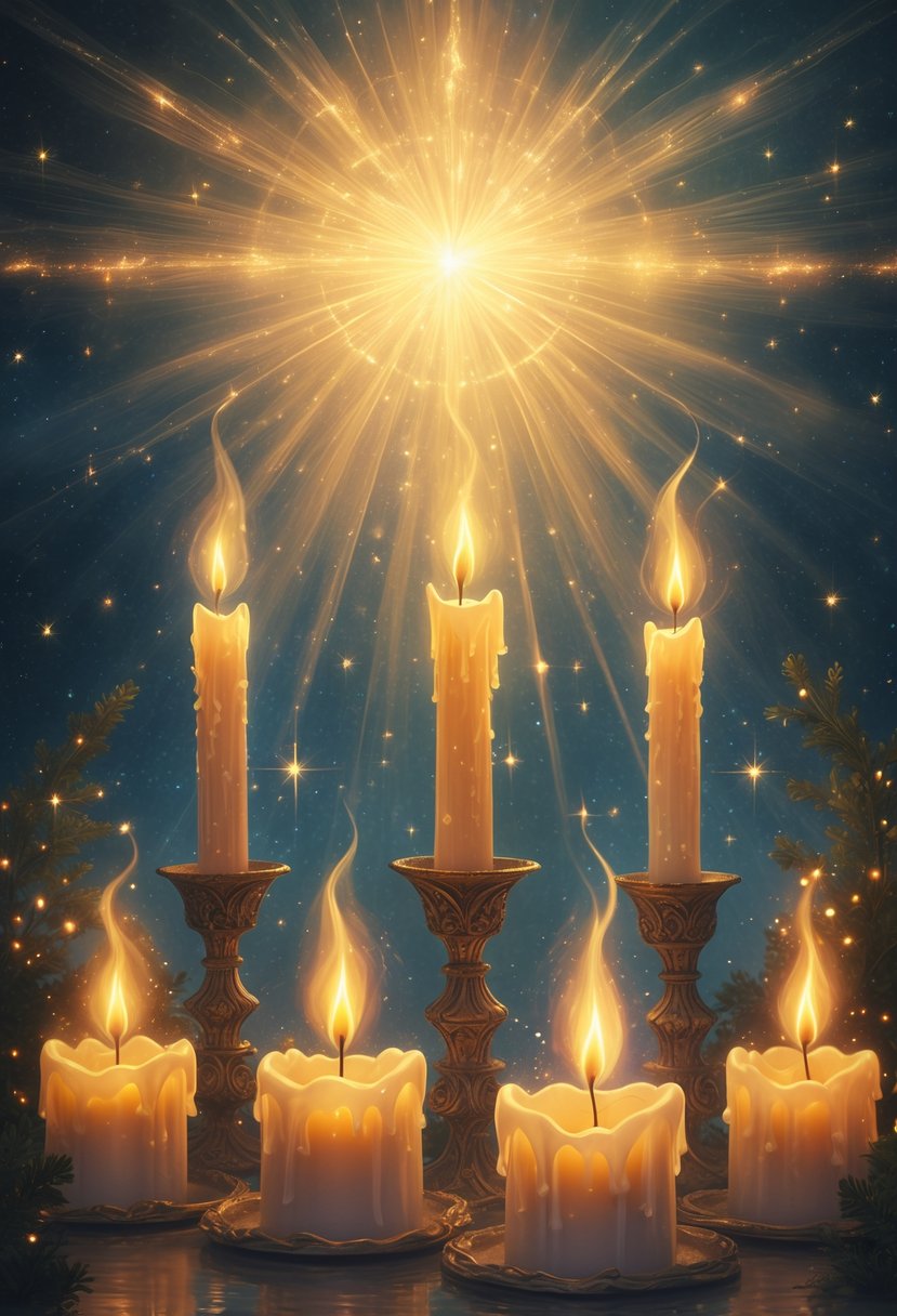 A group of glowing candles with radiant flames surrounded by soft, golden light and floating sparkles against a starry background.