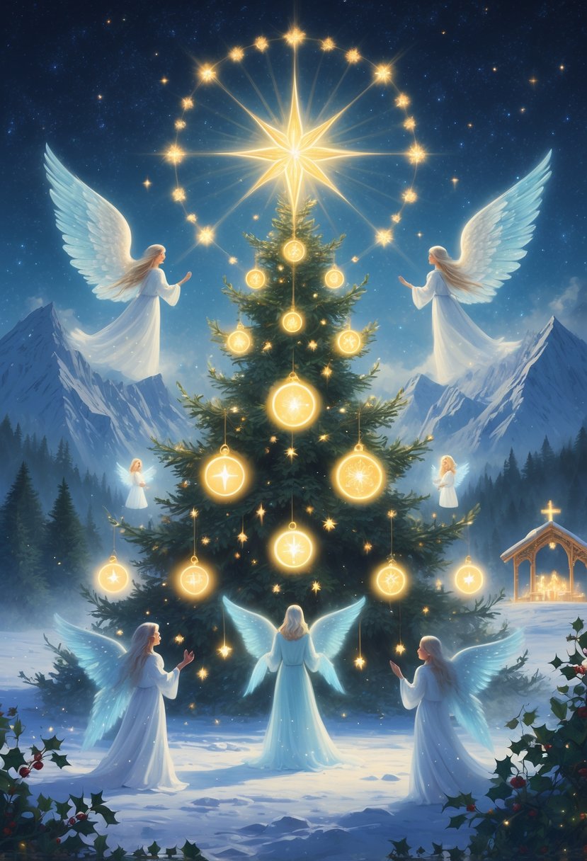 A snowy night scene with a large decorated Christmas tree surrounded by glowing Christmas symbols and angelic figures, set against mountains and a distant nativity scene.