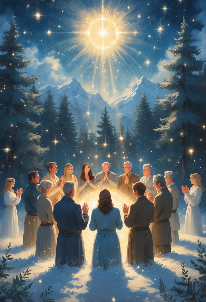A group of adults praying together in a snowy forest clearing under a starry sky, surrounded by glowing light and gentle snowflakes.