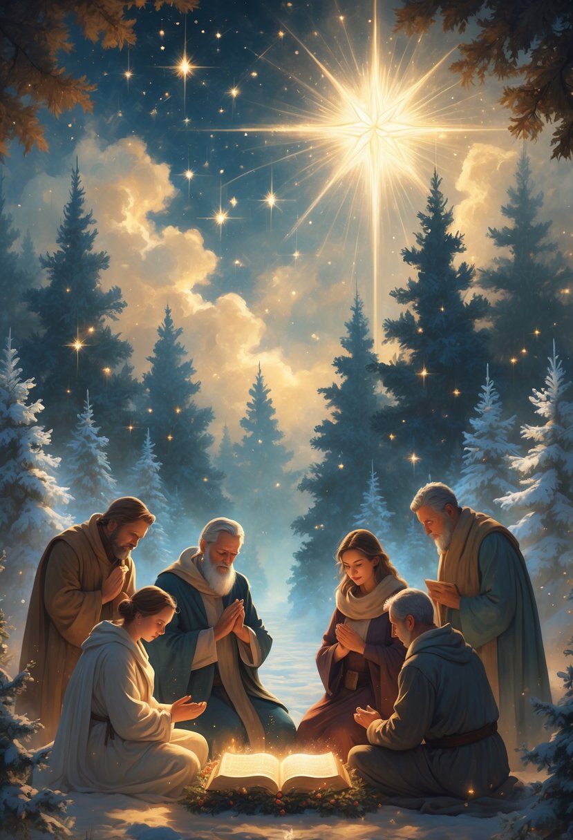 A group of adults sitting together outdoors at night, studying an ancient glowing book under a bright star in a snowy forest.