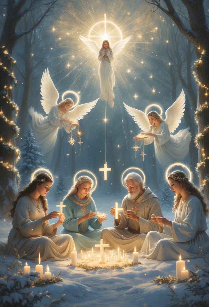 Adults crafting Christmas decorations in a glowing forest clearing with angels and spiritual symbols surrounding them.