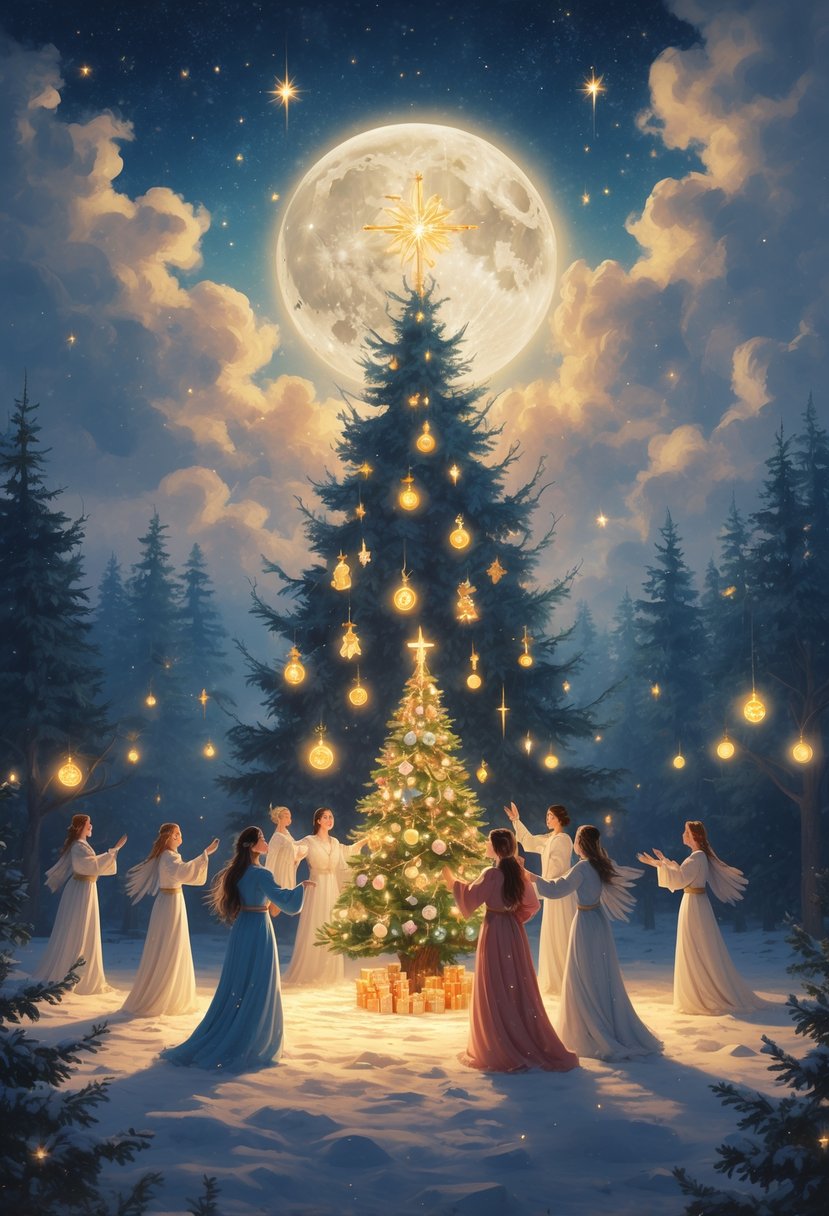 A group of adults playing faith-themed Christmas games around a glowing Christmas tree in a snowy forest under a starry sky.