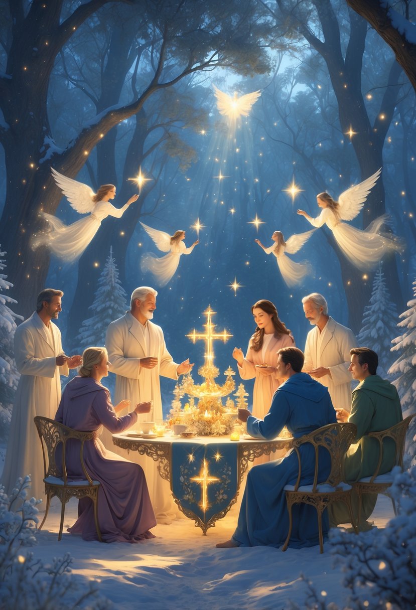 A group of adults gathered around a glowing table in a snowy forest, sharing joyful moments during a Christmas celebration surrounded by soft lights and magical winter scenery.