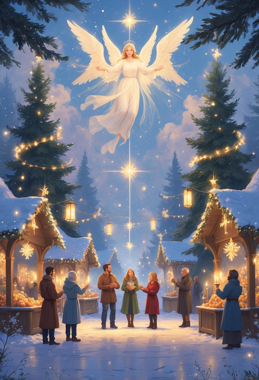 A group of adults joyfully giving gifts and helping each other in a snowy village square decorated for Christmas, with glowing lights and angelic figures above.