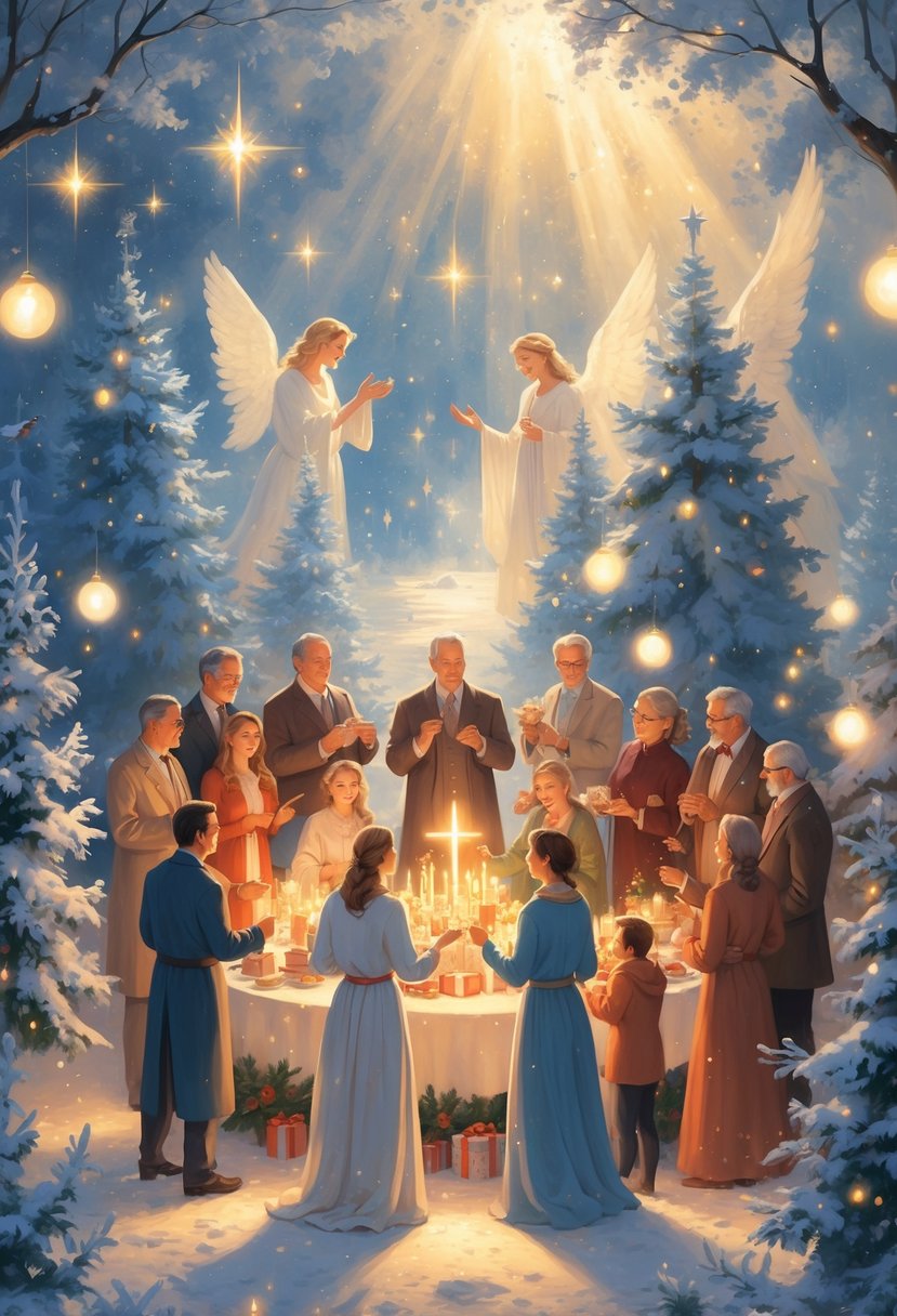 A group of adults celebrating Christmas together outdoors, sharing gifts, singing, and lighting candles among snow-covered trees and glowing lights.