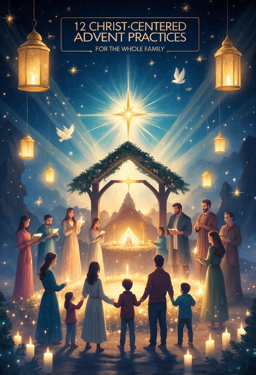 A family gathered around a glowing nativity scene at night, participating in Advent traditions like lighting candles and reading scriptures under a starry sky.