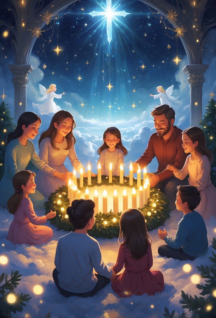 A family holding hands around a glowing Advent wreath with twelve candles, surrounded by stars and soft light in a peaceful night setting.