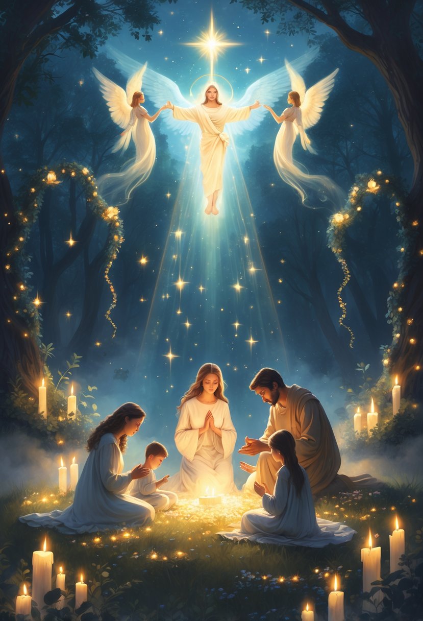 A family praying together in a glowing forest clearing surrounded by radiant light and angelic figures during Advent.