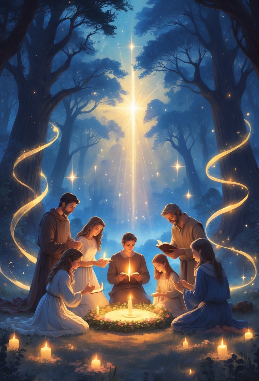 A family gathered around a glowing Advent wreath in a forest clearing at twilight, lighting candles and sharing a peaceful moment together.