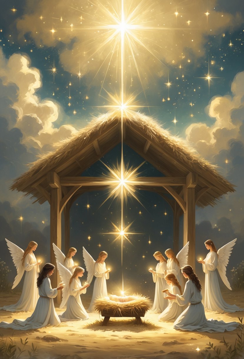 A glowing nativity scene with twelve angelic figures around it, set in a magical stable under a starry sky.