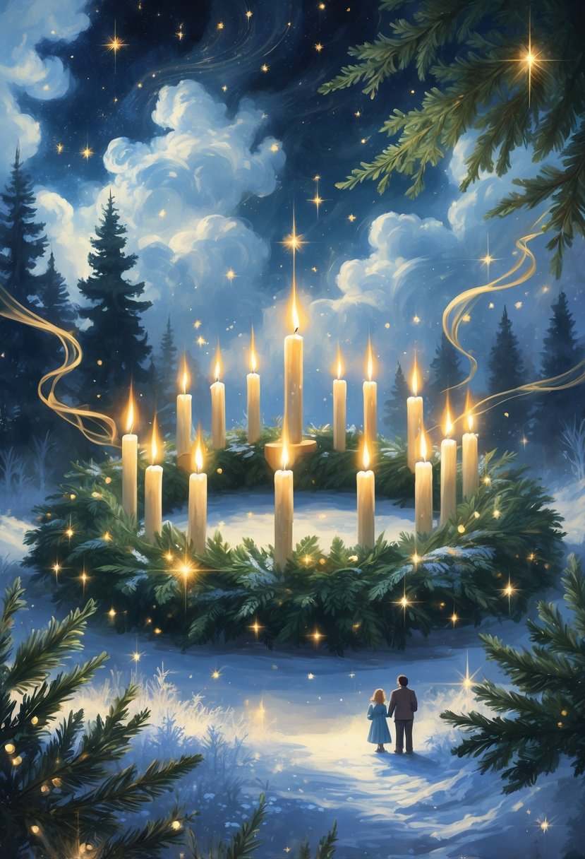 A glowing advent wreath with twelve lit candles surrounded by snowflakes and stars, with a family gathered peacefully beneath a night sky filled with angelic figures.