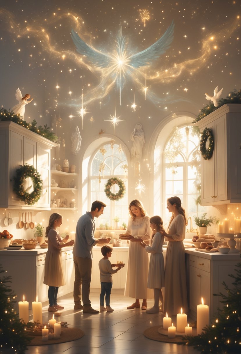 A family baking and making crafts together in a warm, glowing kitchen decorated for Advent with candles and handmade ornaments.