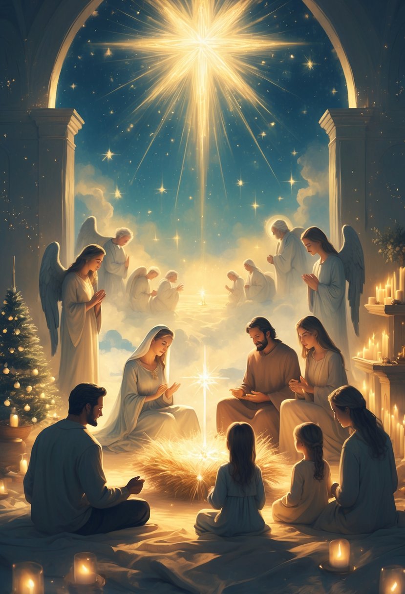 A family gathered around a glowing nativity scene on Christmas Eve and morning, surrounded by stars, angels, and candles in a peaceful, spiritual setting.