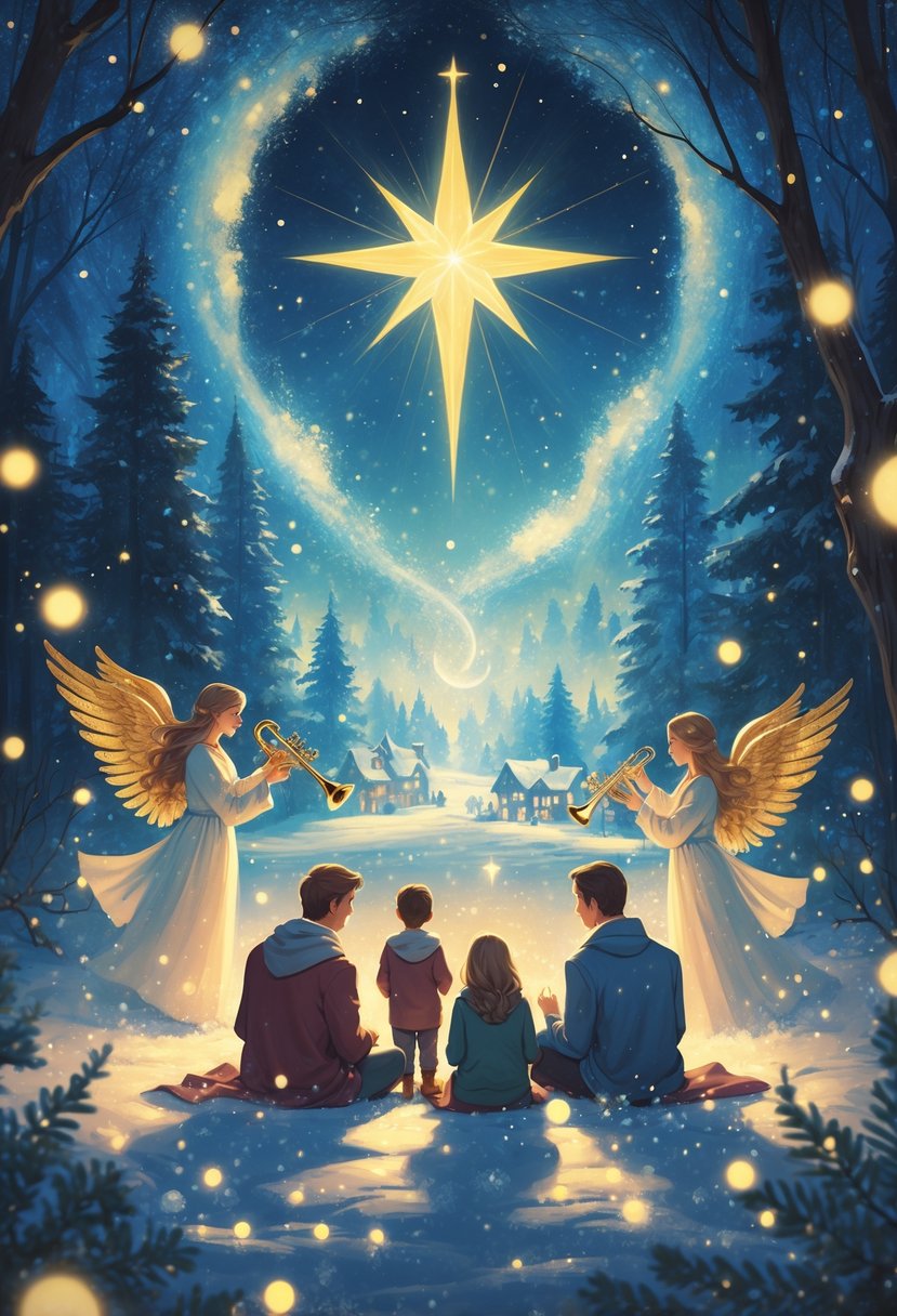 A family gathered in a snowy forest surrounded by glowing lights and angels playing instruments, with a bright star shining over a peaceful village in the background.