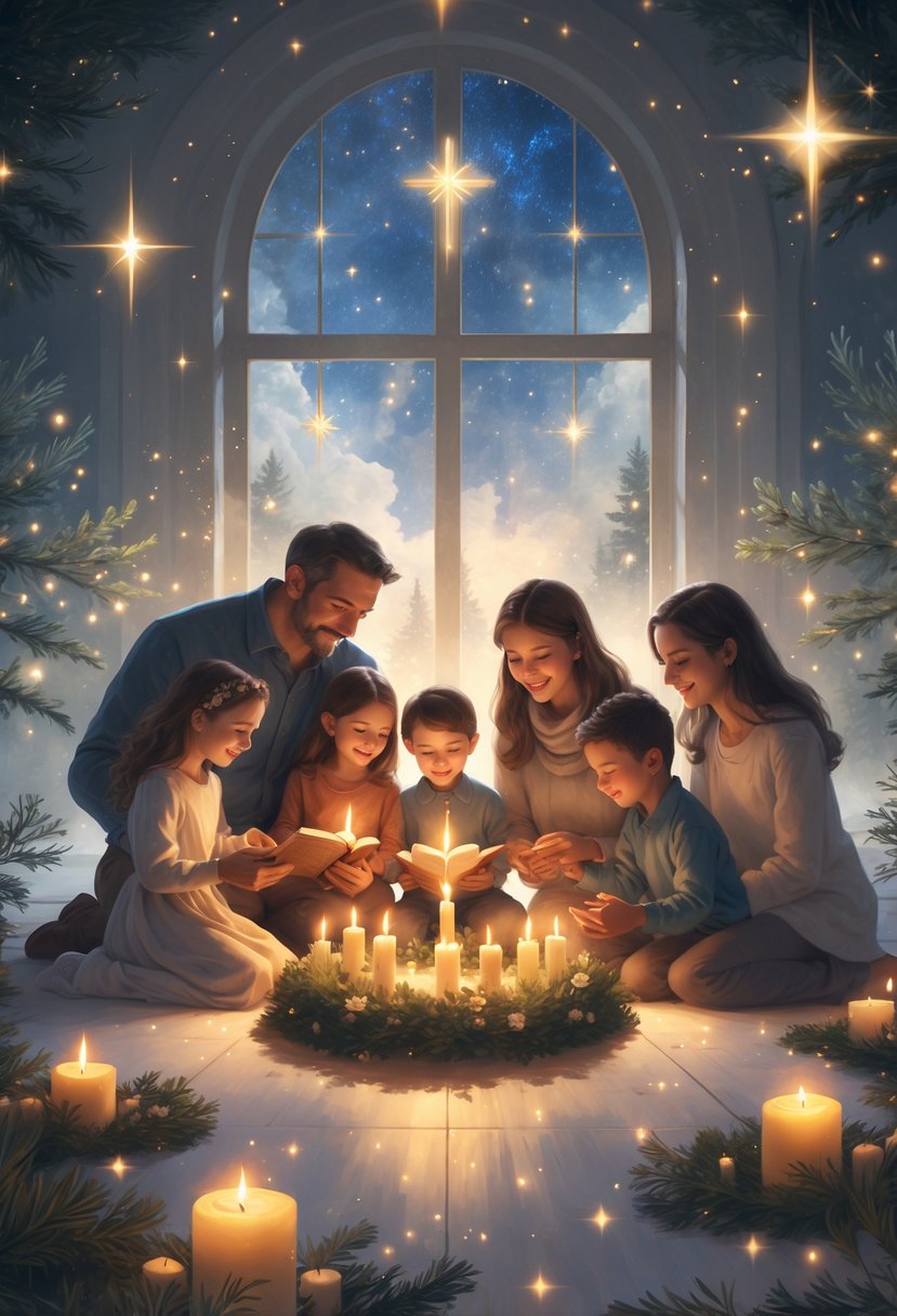 A family gathered around a glowing Advent wreath, lighting candles and praying together in a warm, peaceful room with a starry sky visible outside.