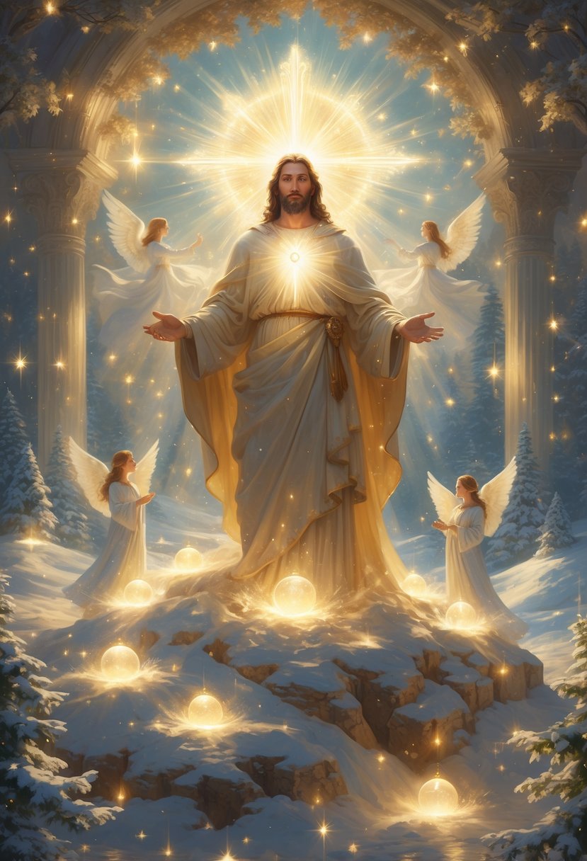 A glowing figure representing Christ surrounded by ten glowing orbs in a snowy, star-filled landscape with angelic figures floating nearby.